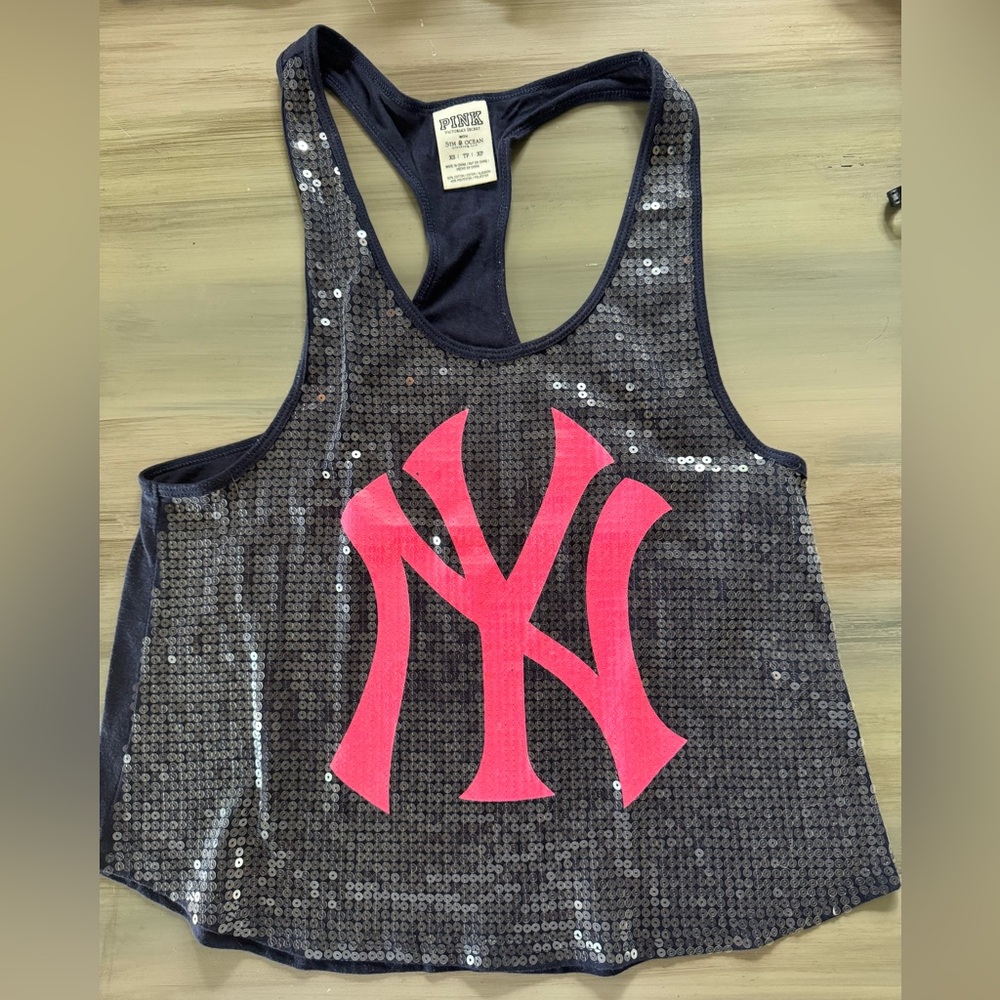 Rare Victoria’s Secret PINK NY YANKEES racer back sequin jersey t-shirt + bag